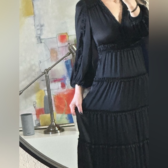 Chelsea & Violet Plisse Satin Ruffle Deep V-Neck Long Smocked Cuff Sleeve Tiered Maxi Dress main image 0